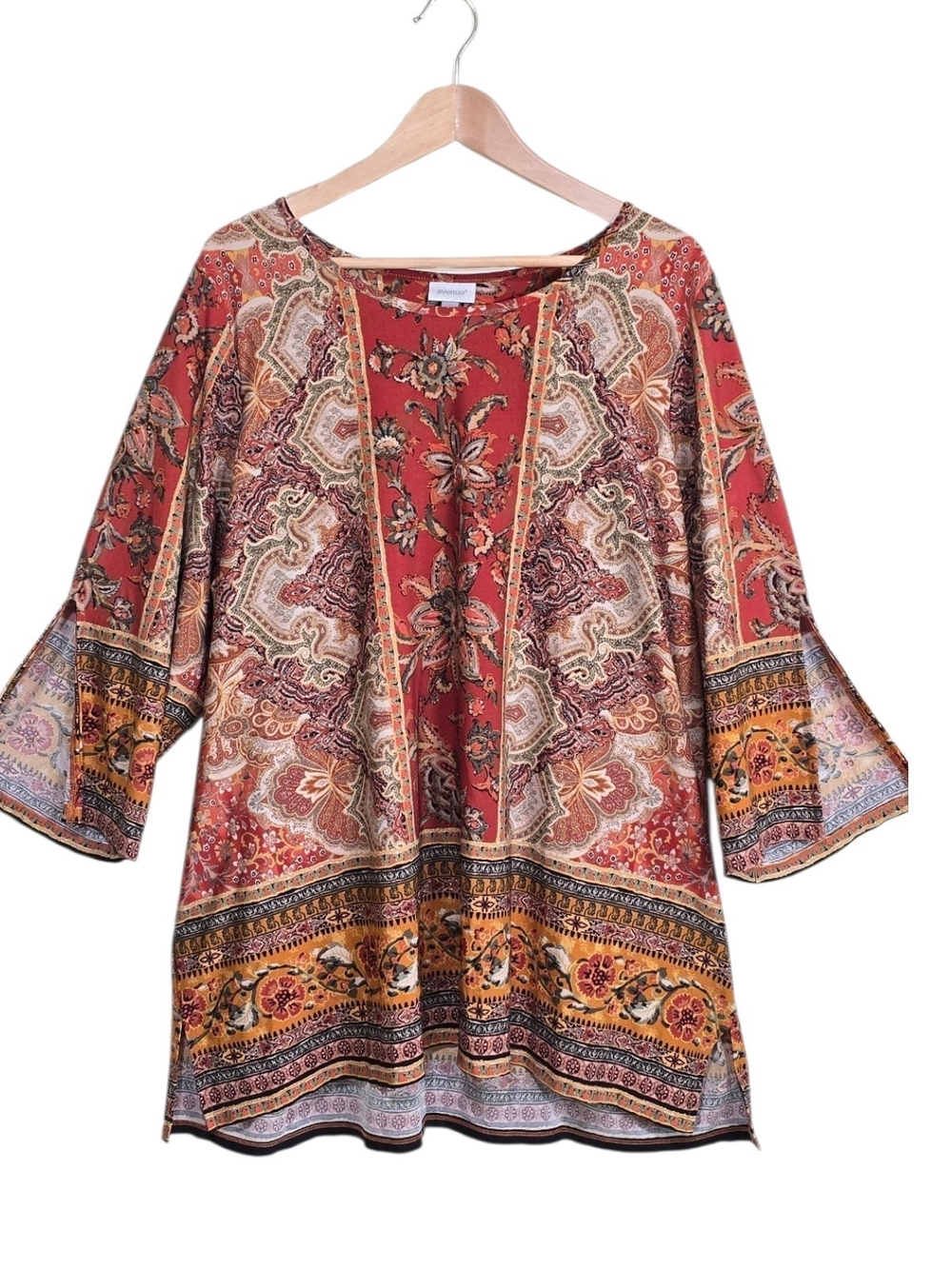 Avenue Boho Paisley Floral Tunic Blouse Size 22/24 Red Orange Fall Peasant